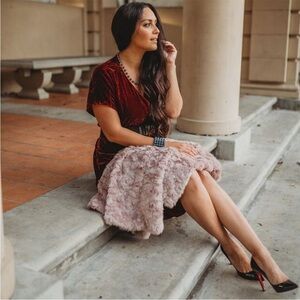 CAbi Velvet Grace Tribute Midi Dress #3696 Burgundy Red V-Neck Short Sleeve M